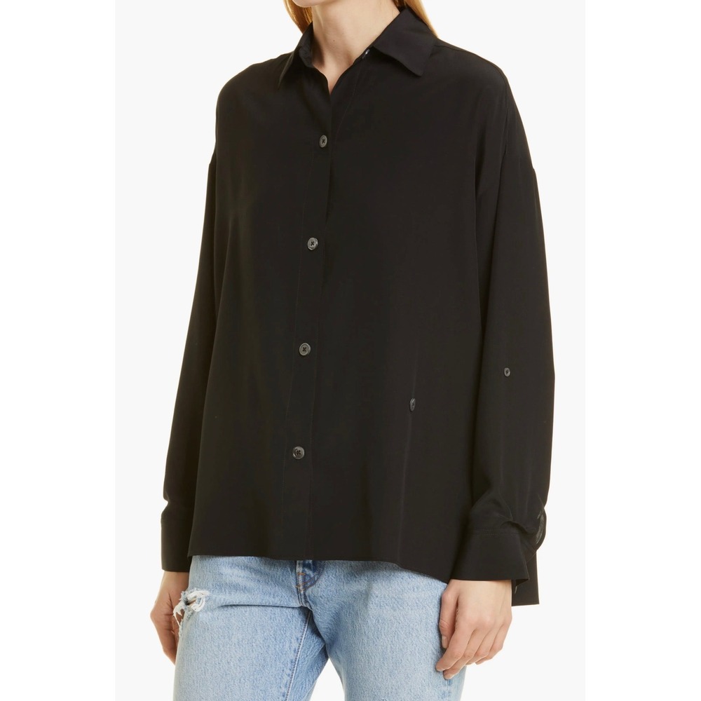TWP Midnight Satin Sheets Blouse Black 100% Silk Oversized Button Down XS/S - Picture 7 of 15